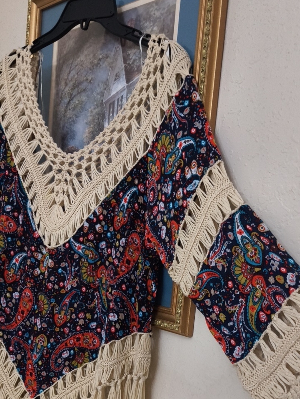 Crochet-Trim Paisley Fringe Women's Boho Western Festival Xl Concert - Picture 2 of 5
